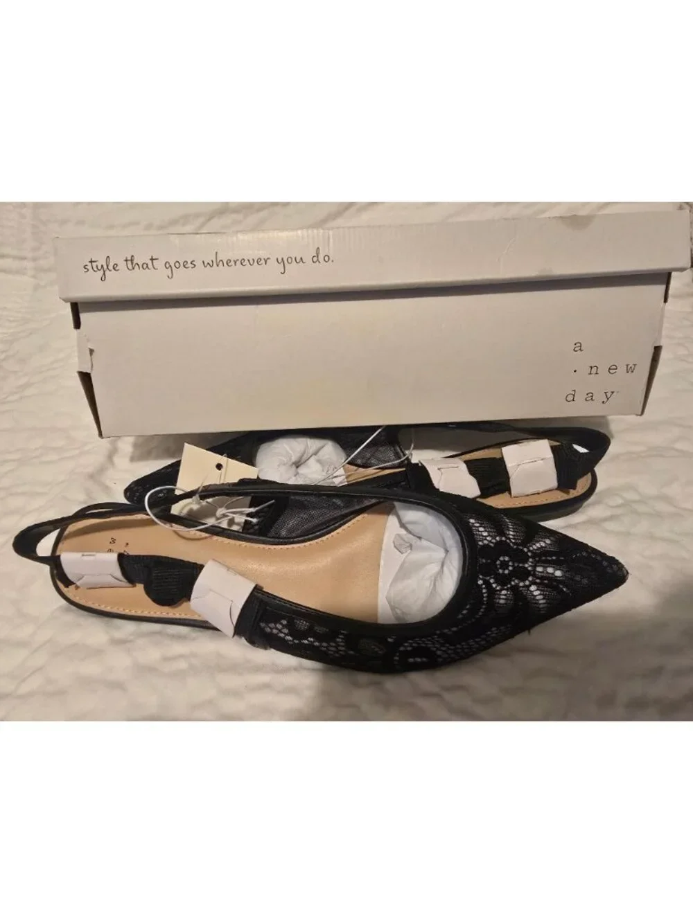 Women's London Lace Sling Back Bow Flats - a New Day™ Black 6: Cushioned Insole,